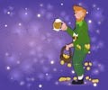 St. Patrick\'s Day illustration, leprechaun with beer and lots and lots of coins, money, symbols of good luck